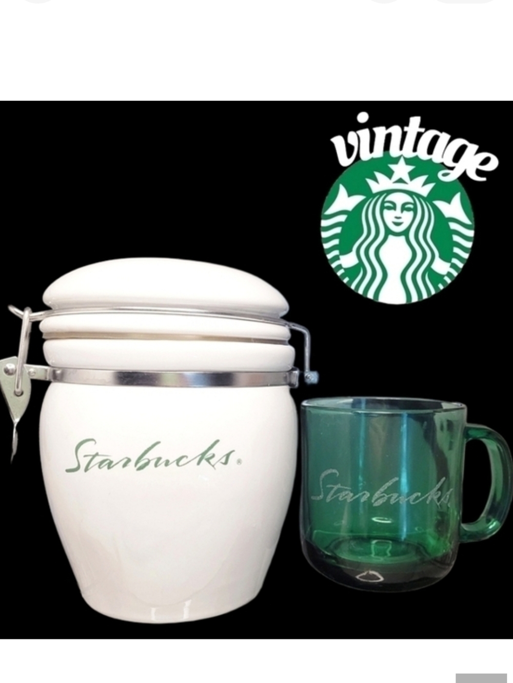 Vintage Starbucks 6.5" canister w/ bonus 4" clear green & script mug